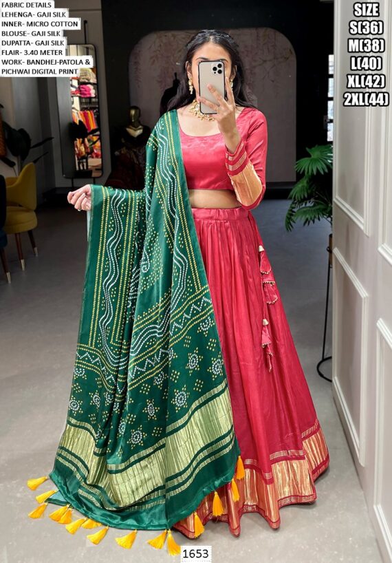 Lagdi Patta Gaji Silk Lehenga Choli With Bandhej-Patola And Pichwai Printed Dupatta