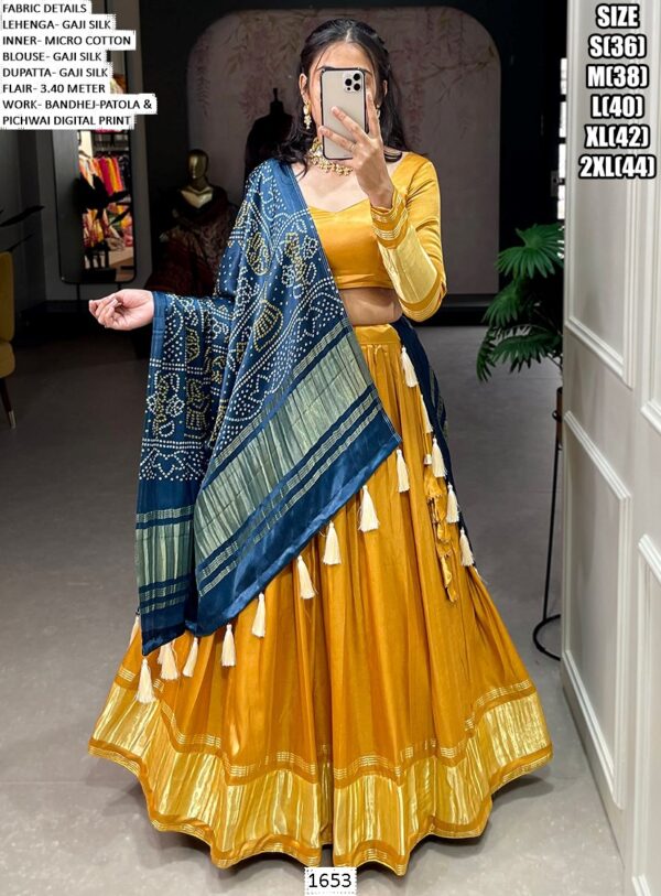 Lagdi Patta Gaji Silk Lehenga Choli With Bandhej-Patola And Pichwai Printed Dupatta