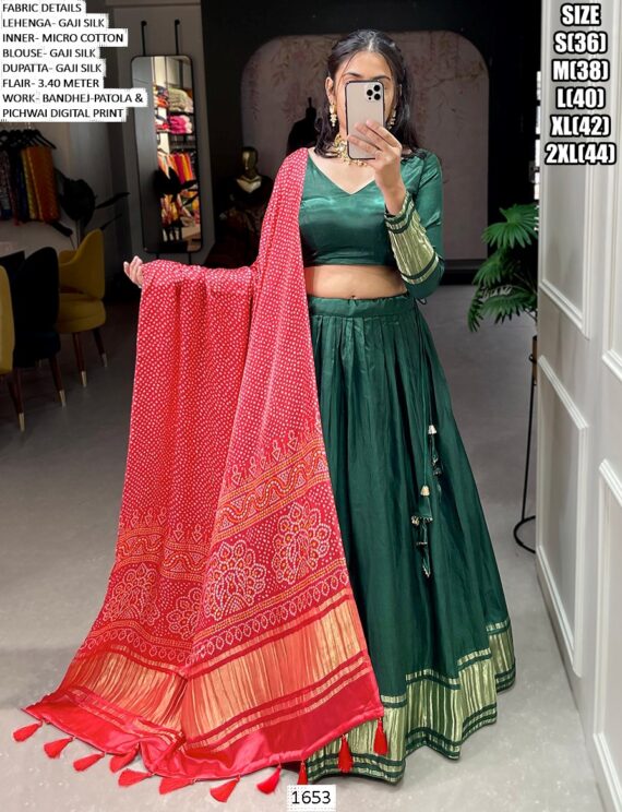 Lagdi Patta Gaji Silk Lehenga Choli With Bandhej-Patola And Pichwai Printed Dupatta