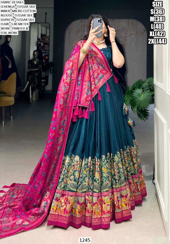 Aesthetic Semi-Stitched Tussar Silk Foil Printed Lehenga Choli For Weddings