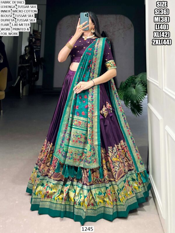 Aesthetic Semi-Stitched Tussar Silk Foil Printed Lehenga Choli For Weddings