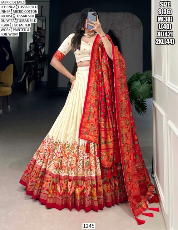 Aesthetic Semi-Stitched Tussar Silk Foil Printed Lehenga Choli For Weddings