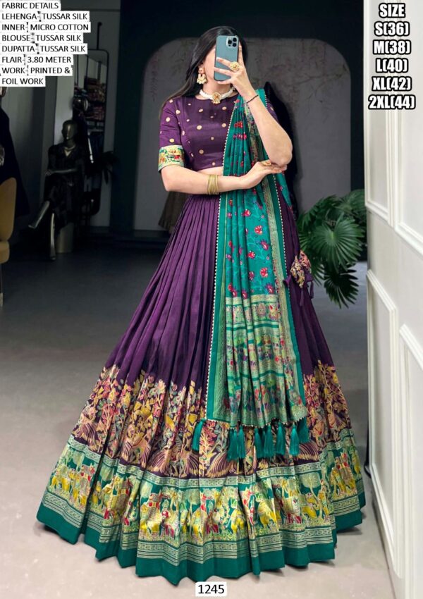 Aesthetic Semi-Stitched Tussar Silk Foil Printed Lehenga Choli For Weddings
