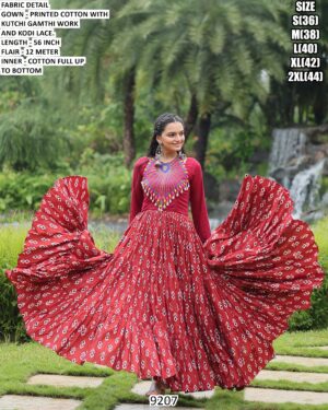 Presenting New Navratri Special Printed With Kutchi Gamthi Work Cotton Gown