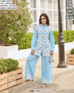 Bright Sky Blue Cotton White Embroidered Flower Designer Co-ord Set