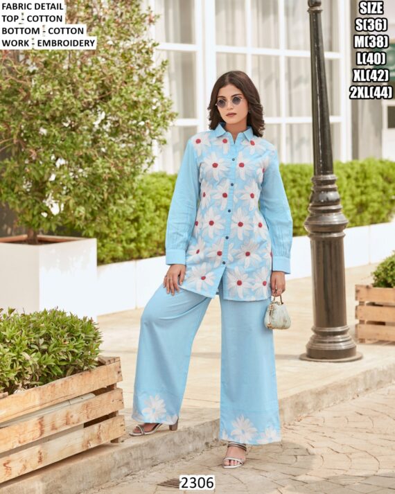 Bright Sky Blue Cotton White Embroidered Flower Designer Co-ord Set