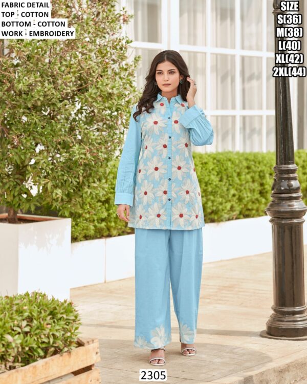 Bright Sky Blue Cotton White Embroidered Flower Designer Co-ord Set
