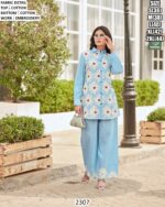 Bright Sky Blue Cotton White Embroidered Flower Designer Co-ord Set