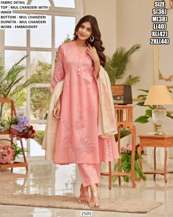 Women's Embroidered Mul Chanderi Readymade Kurti Set With Dupatta