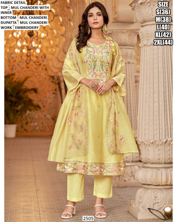 Women's Embroidered Mul Chanderi Readymade Kurti Set With Dupatta