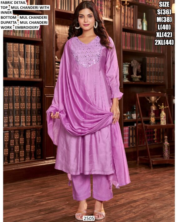 Women's Embroidered Mul Chanderi Readymade Kurti Set With Dupatta