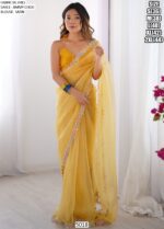 Light Yellow Colour Jimmy Choo Party Wear Lace Work Saree With Blouse