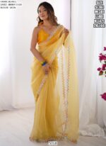 Light Yellow Colour Jimmy Choo Party Wear Lace Work Saree With Blouse