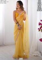 Light Yellow Colour Jimmy Choo Party Wear Lace Work Saree With Blouse