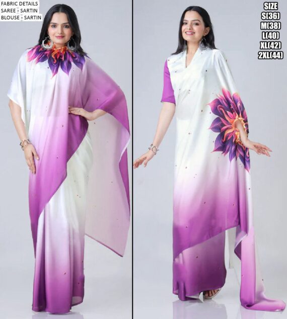 Brush And Drape: Ready To Wear Freehand Satin Silk Digital Printed Sarees