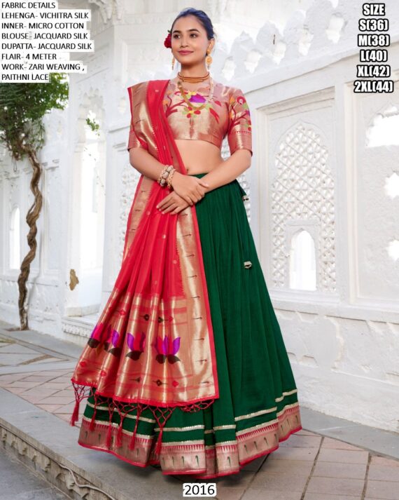 Buy Beautiful Green Vichitra Silk Paithani Worked Lehenga Choli - Ethnicrang