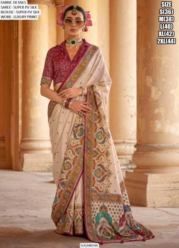 Super P.V Silk Luxury Printed Festive Wear Un-Stitched Blouse And Saree