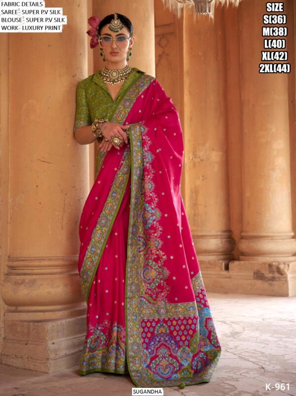 Super P.V Silk Luxury Printed Festive Wear Un-Stitched Blouse And Saree