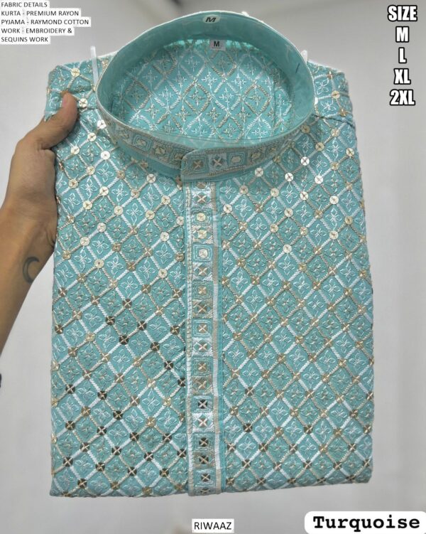 Men's Premium Style Rayon Embroidery And Sequins Work Kurta With White Pyjama Pair