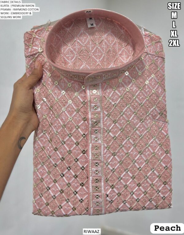 Men's Premium Style Rayon Embroidery And Sequins Work Kurta With White Pyjama Pair