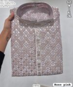 Men's Premium Style Rayon Embroidery And Sequins Work Kurta With White Pyjama Pair