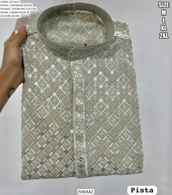 Men's Premium Style Rayon Embroidery And Sequins Work Kurta With White Pyjama Pair