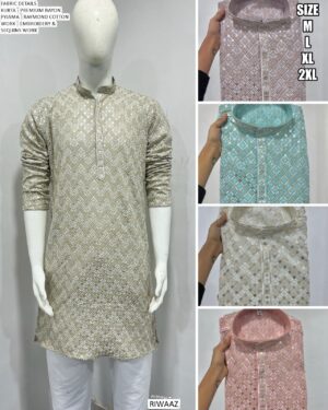 Men's Premium Style Rayon Embroidery And Sequins Work Kurta With White Pyjama Pair