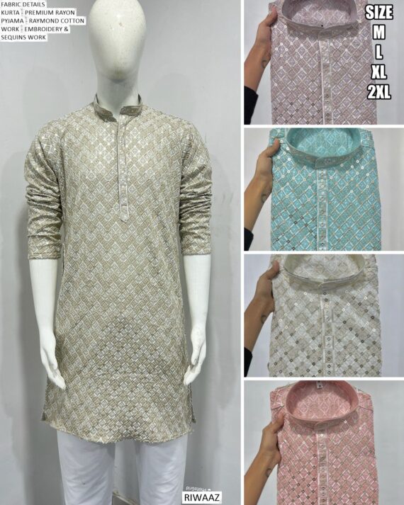 Men's Premium Style Rayon Embroidery And Sequins Work Kurta With White Pyjama Pair