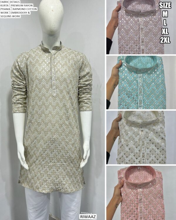 Men's Premium Style Rayon Embroidery And Sequins Work Kurta With White Pyjama Pair
