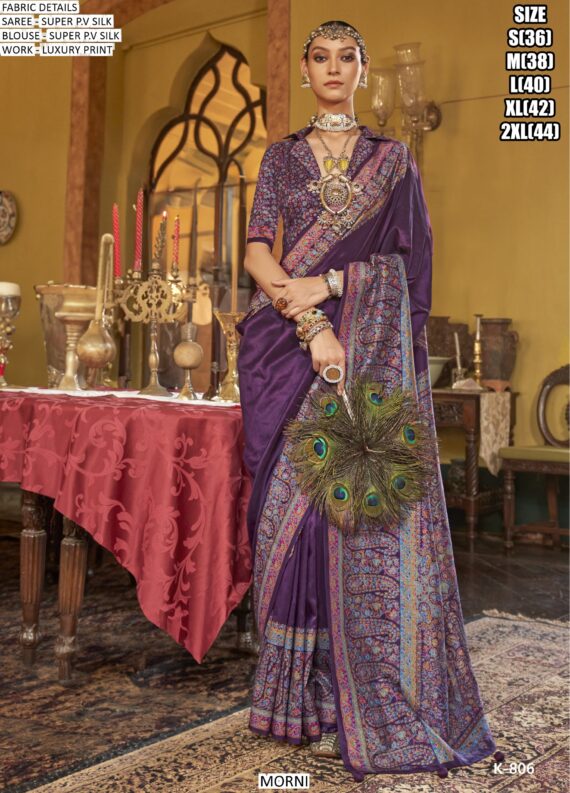 Buy Designer Super P.V Silk Luxury Printed Wedding Wear Un-Stitched Sarees
