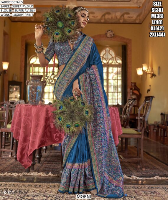 Buy Designer Super P.V Silk Luxury Printed Wedding Wear Un-Stitched Sarees