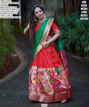 Incredible Zari Weaving Jacquard Silk Red Paithani Lehenga Choli