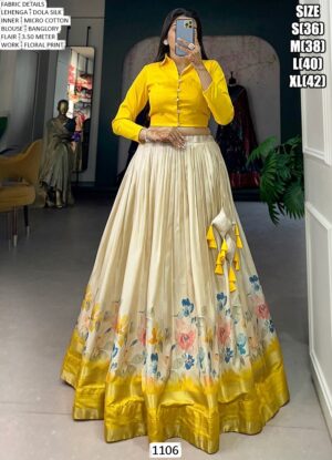 Dola Silk Flower Printed Haldi Special Yellow Crop Top And Lehenga Set