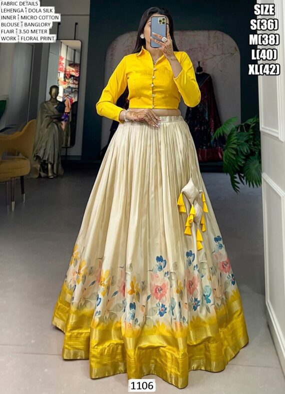 Dola Silk Flower Printed Haldi Special Yellow Crop Top And Lehenga Set