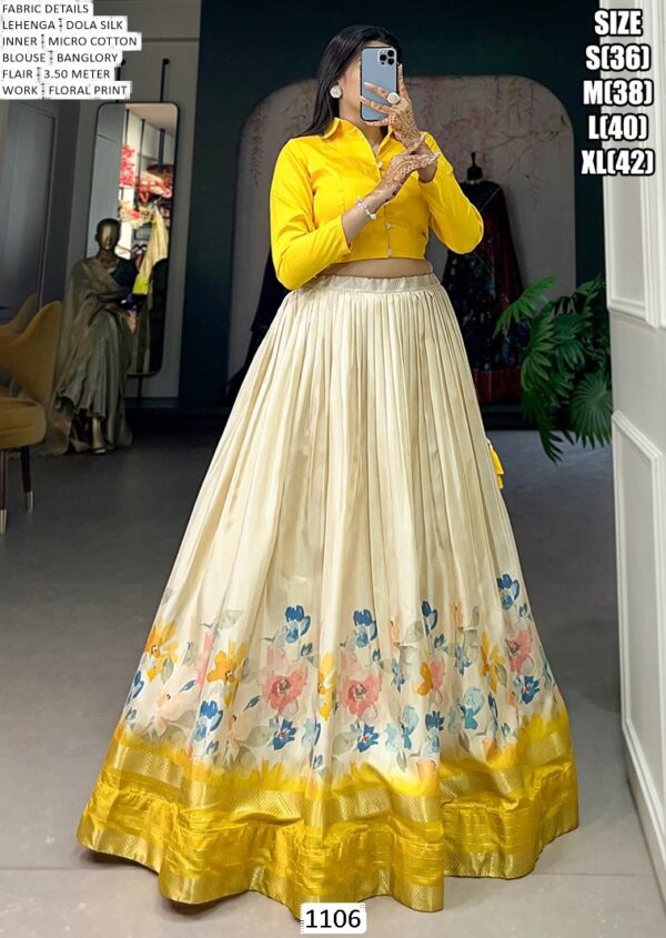 Dola Silk Flower Printed Haldi Special Yellow Crop Top And Lehenga Set