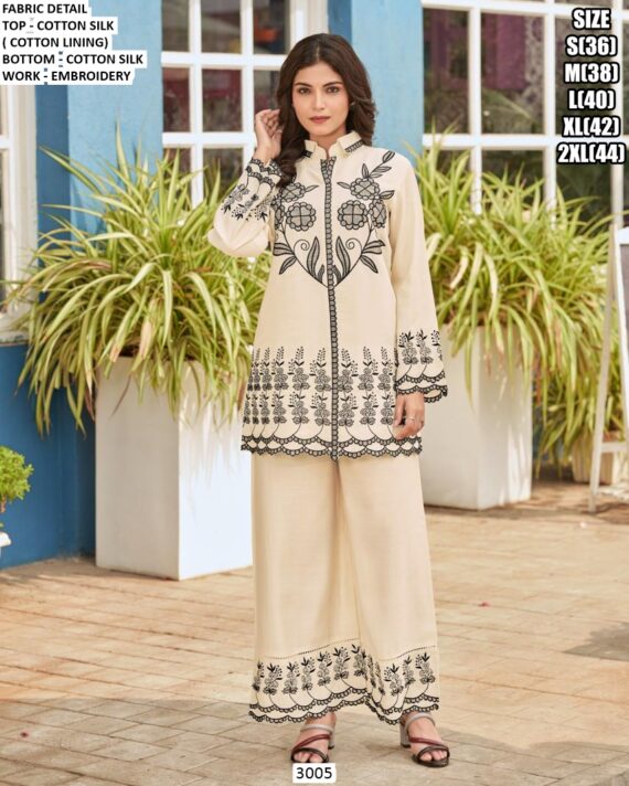 Co-ord Sets For Women In Cotton Silk With Beautiful Embroidery Work