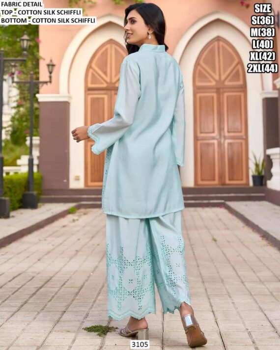 Cotton Silk Schiffli Worked Comfort Fit Co-ord Sets For Women