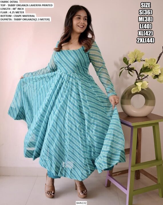 Light Blue Tabby Organza Fit And Flare Laheriya Printed Readymade Kurti Set