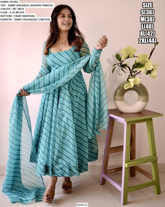 Light Blue Tabby Organza Fit And Flare Laheriya Printed Readymade Kurti Set