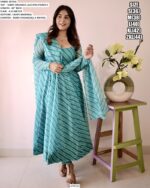 Light Blue Tabby Organza Fit And Flare Laheriya Printed Readymade Kurti Set
