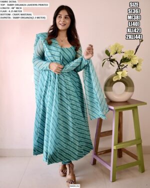 Light Blue Tabby Organza Fit And Flare Laheriya Printed Readymade Kurti Set