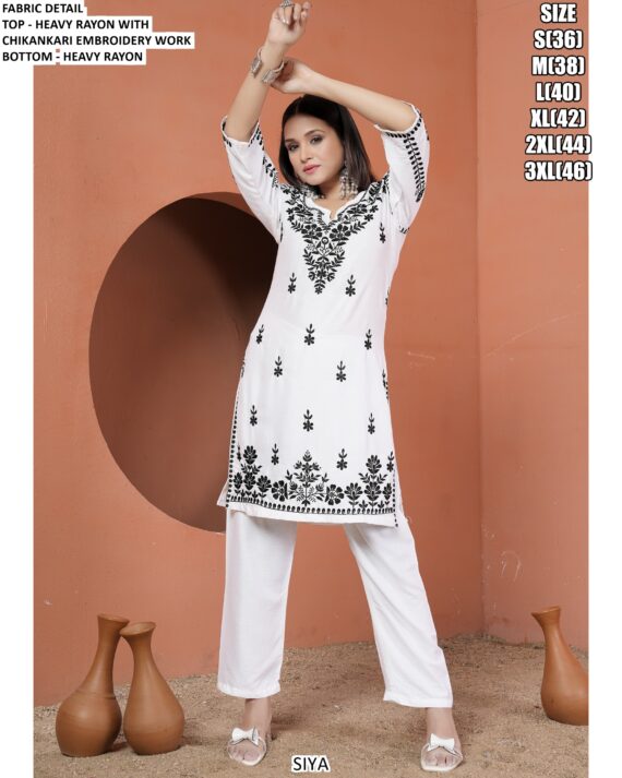 Partywear Lucknowi Chikankari Embroidered Heavy Rayon Kurti With Pant
