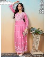 Grab This Delightful Rayon Chikankari Embroidered Readymade Gown And Pant