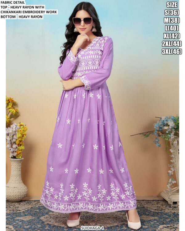 Grab This Delightful Rayon Chikankari Embroidered Readymade Gown And Pant