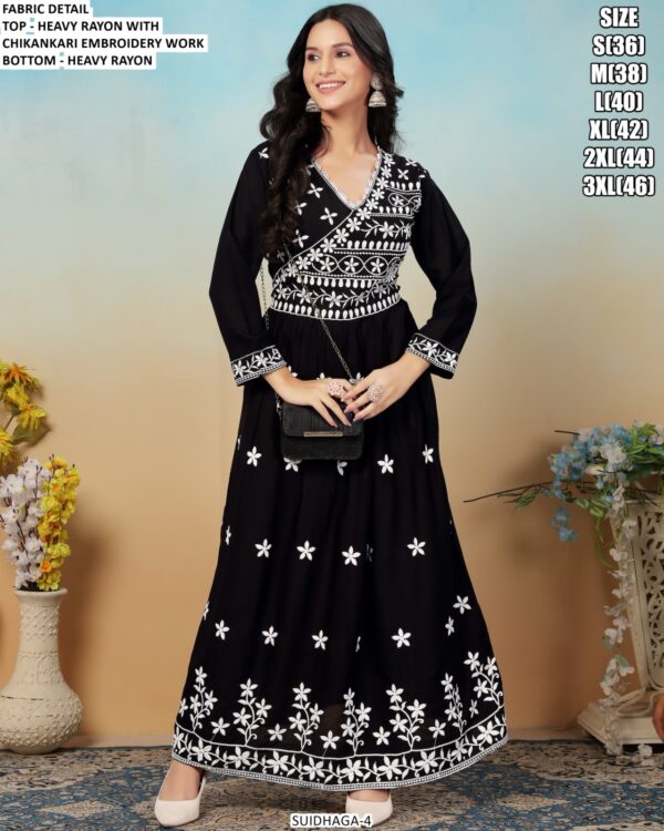 Grab This Delightful Rayon Chikankari Embroidered Readymade Gown And Pant