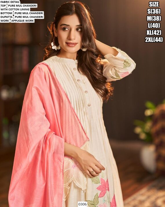 Introducing Our Pure Mul Chanderi Embroidered Salwar Suit Set In Off-White