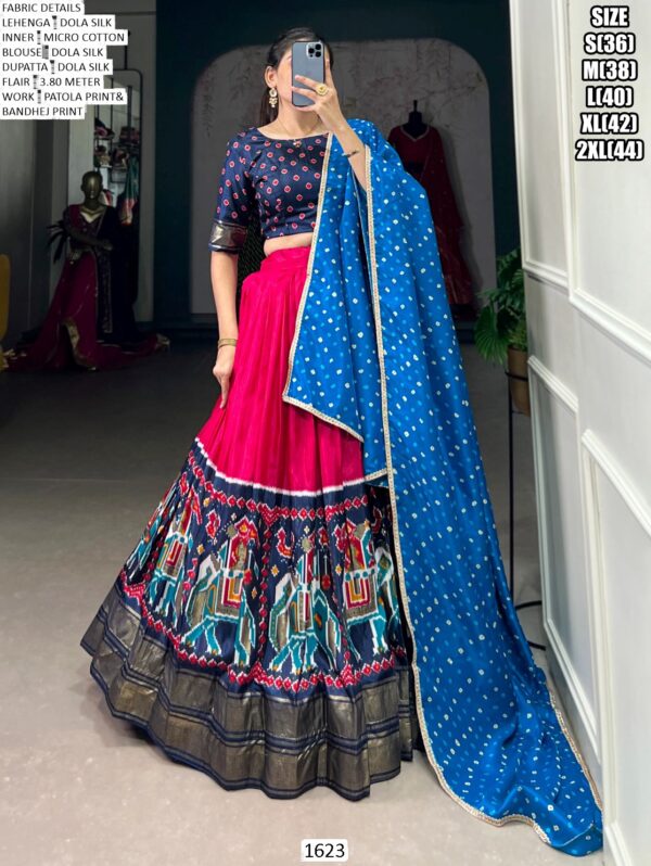 Dola Silk Patola Print Lehenga Choli With Foil Work And Bandhej Dupatta - Wedding Wear Set