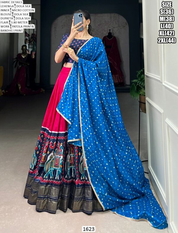 Dola Silk Patola Print Lehenga Choli With Foil Work And Bandhej Dupatta - Wedding Wear Set