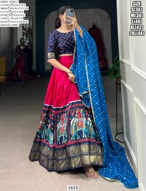 Dola Silk Patola Print Lehenga Choli With Foil Work And Bandhej Dupatta - Wedding Wear Set