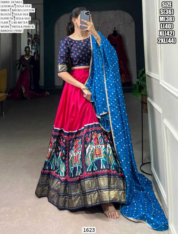 Dola Silk Patola Print Lehenga Choli With Foil Work And Bandhej Dupatta - Wedding Wear Set